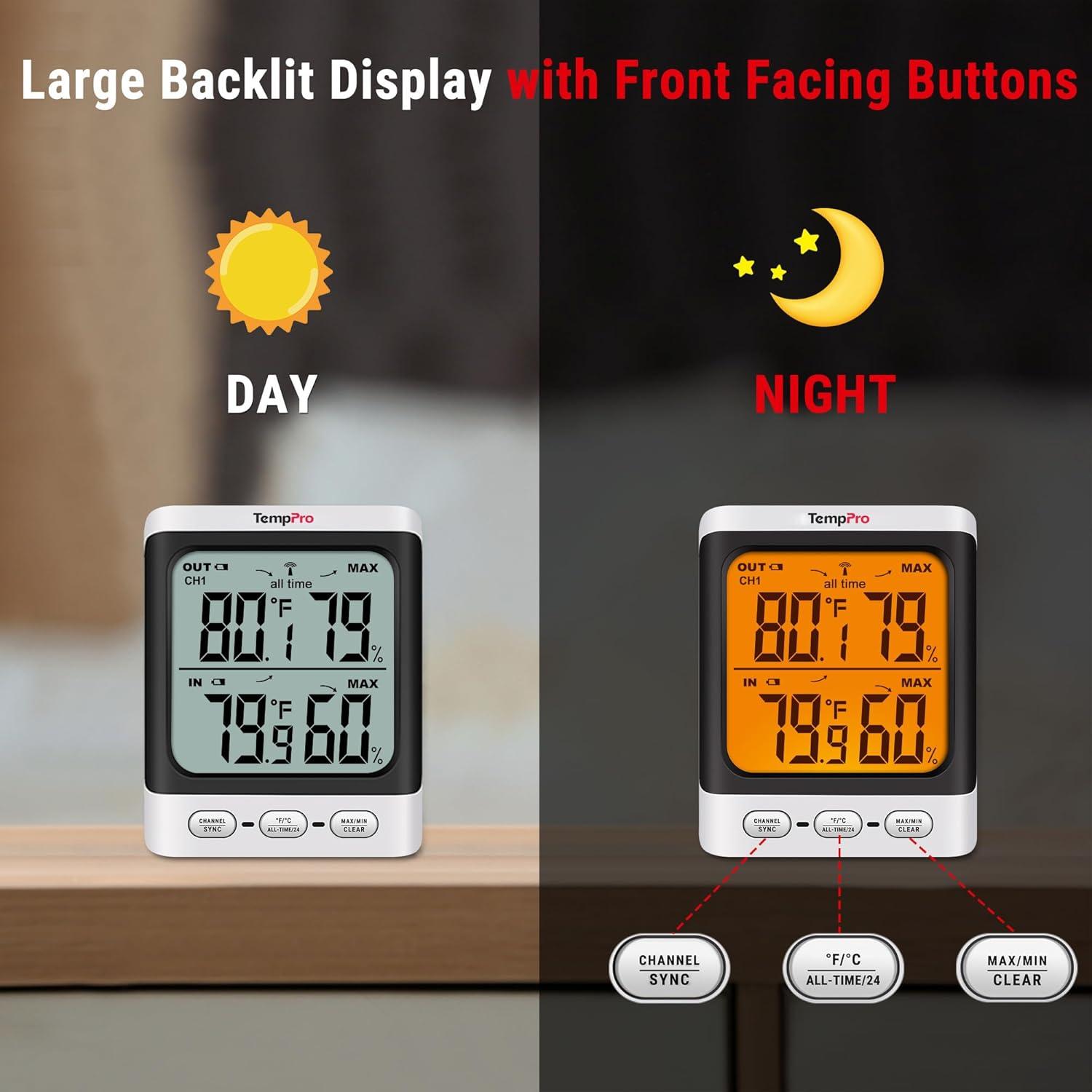 imageTempPro Indoor Outdoor Thermometer Wireless 500 ft Outside Thermometer with ColdResistant Sensor Outdoor Thermometer Waterproof for Patio with 33quot LCD Backlit Display Previously ThermoPro