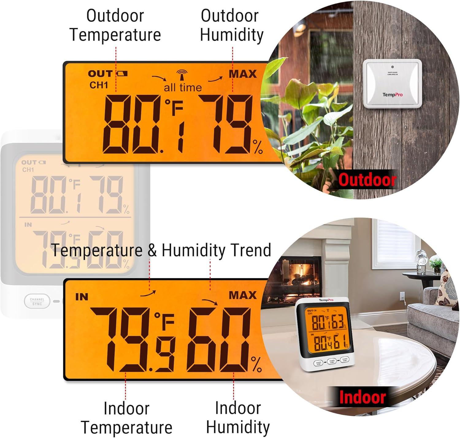 imageTempPro Indoor Outdoor Thermometer Wireless 500 ft Outside Thermometer with ColdResistant Sensor Outdoor Thermometer Waterproof for Patio with 33quot LCD Backlit Display Previously ThermoPro