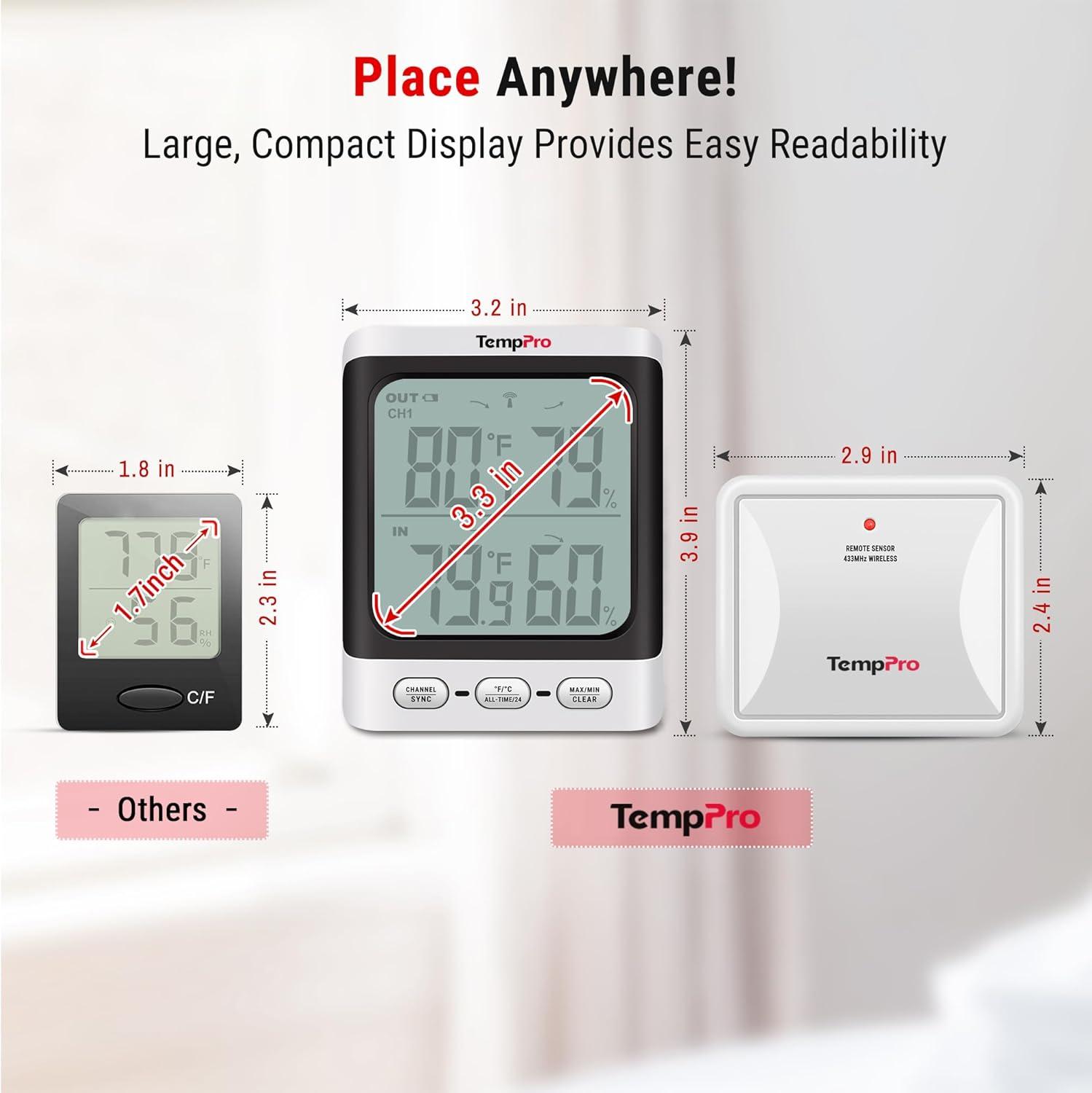 imageTempPro Indoor Outdoor Thermometer Wireless 500 ft Outside Thermometer with ColdResistant Sensor Outdoor Thermometer Waterproof for Patio with 33quot LCD Backlit Display Previously ThermoPro
