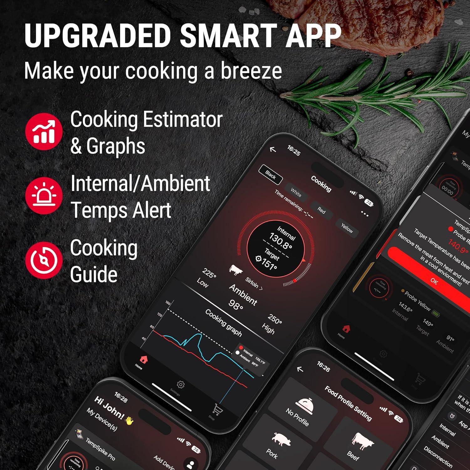 imageTempSpike Pro Wireless Meat Thermometer WiFi Bluetooth Meat Thermometer with Detachable Meat Probes 1050F Heat Resistance Food Cooking Thermometer for Grilling BBQ Oven Fryer Smoker