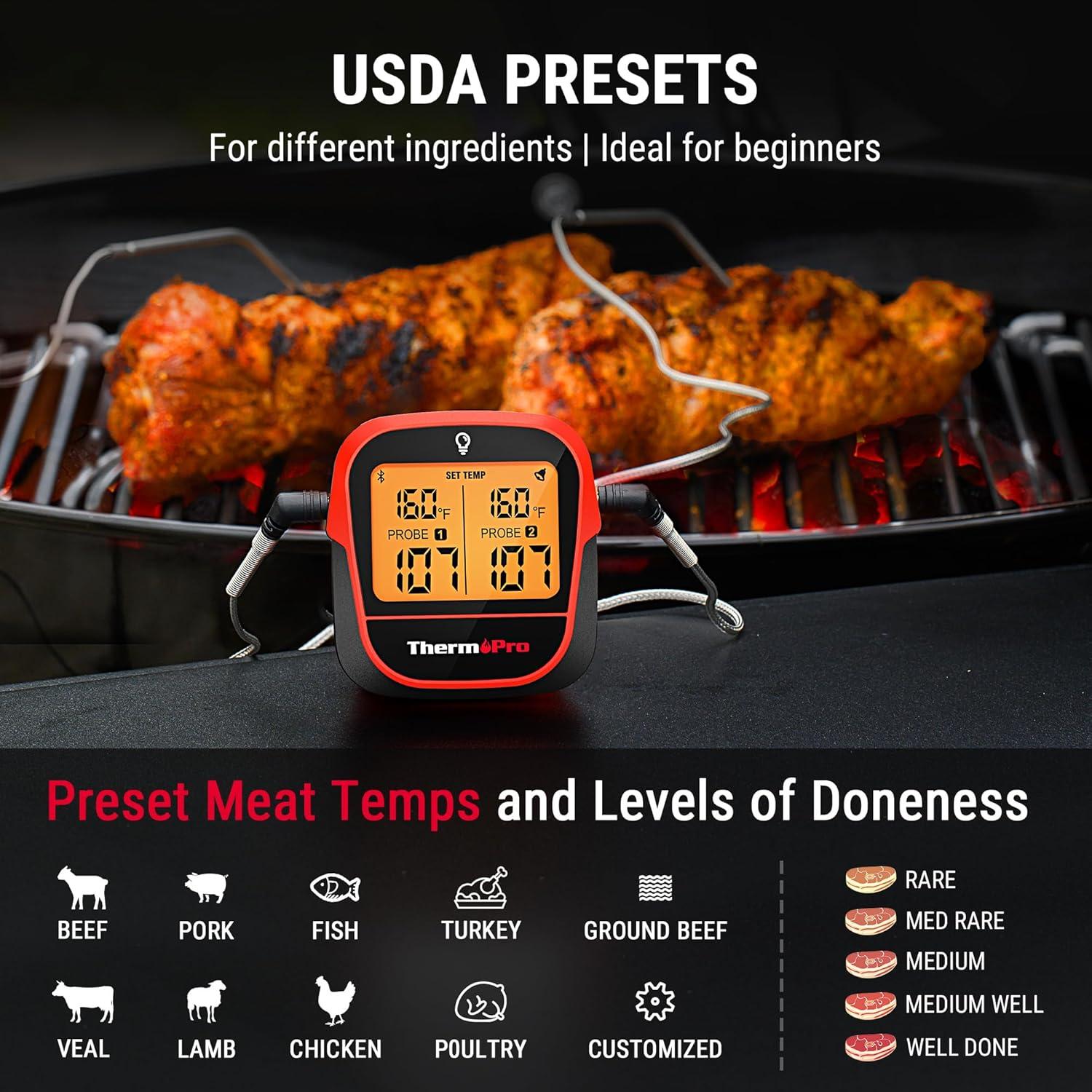 imageThermoPro 450ft Wireless Meat Thermometer Digital Bluetooth Meat Thermometer Wireless for Meat Steak Smoker Thermometer with Dual Meat Probe Cooking Food Thermometer for Grilling and Smoking