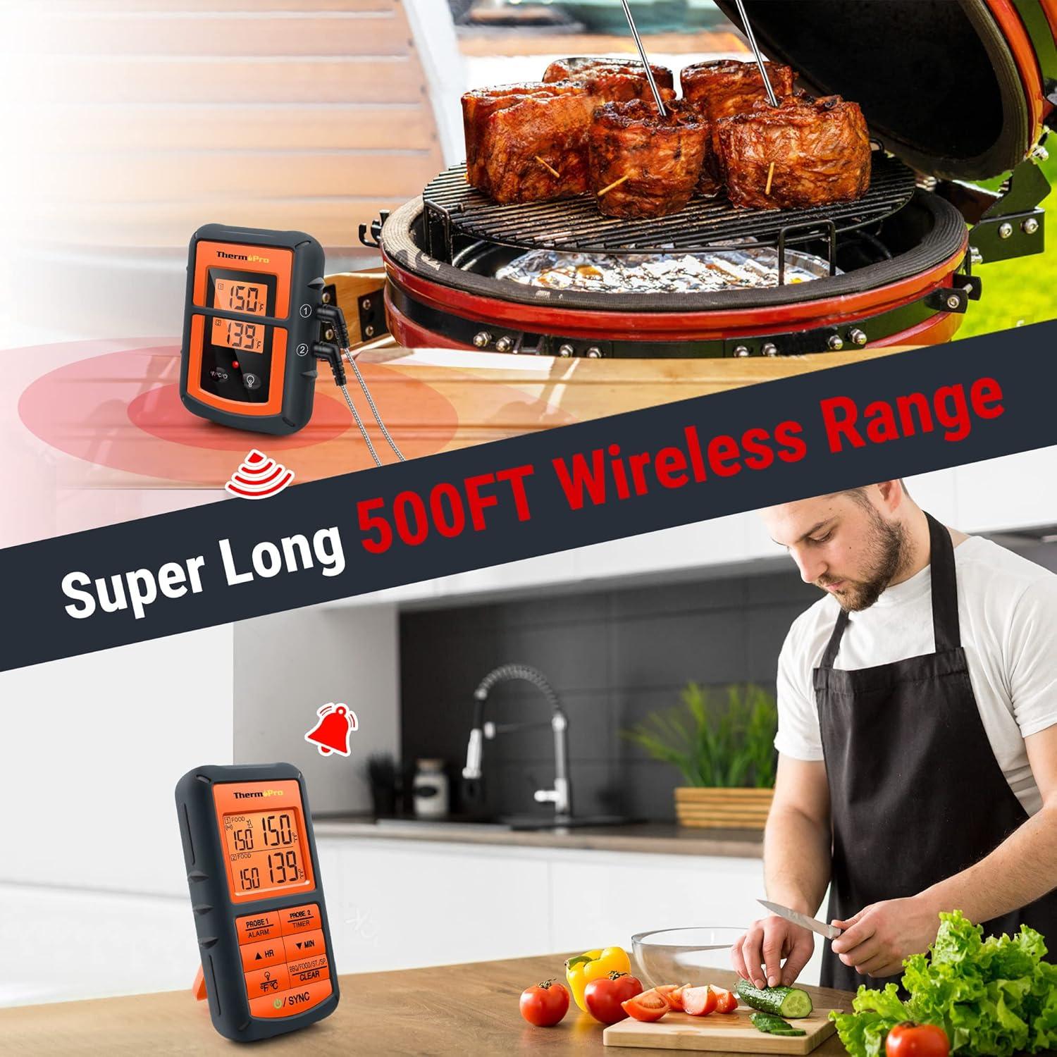 imageThermoPro TP08 500FT Wireless Meat Thermometer for Grilling Smoker BBQ Grill Oven Thermometer with Dual Probe Kitchen Cooking Food Thermometer