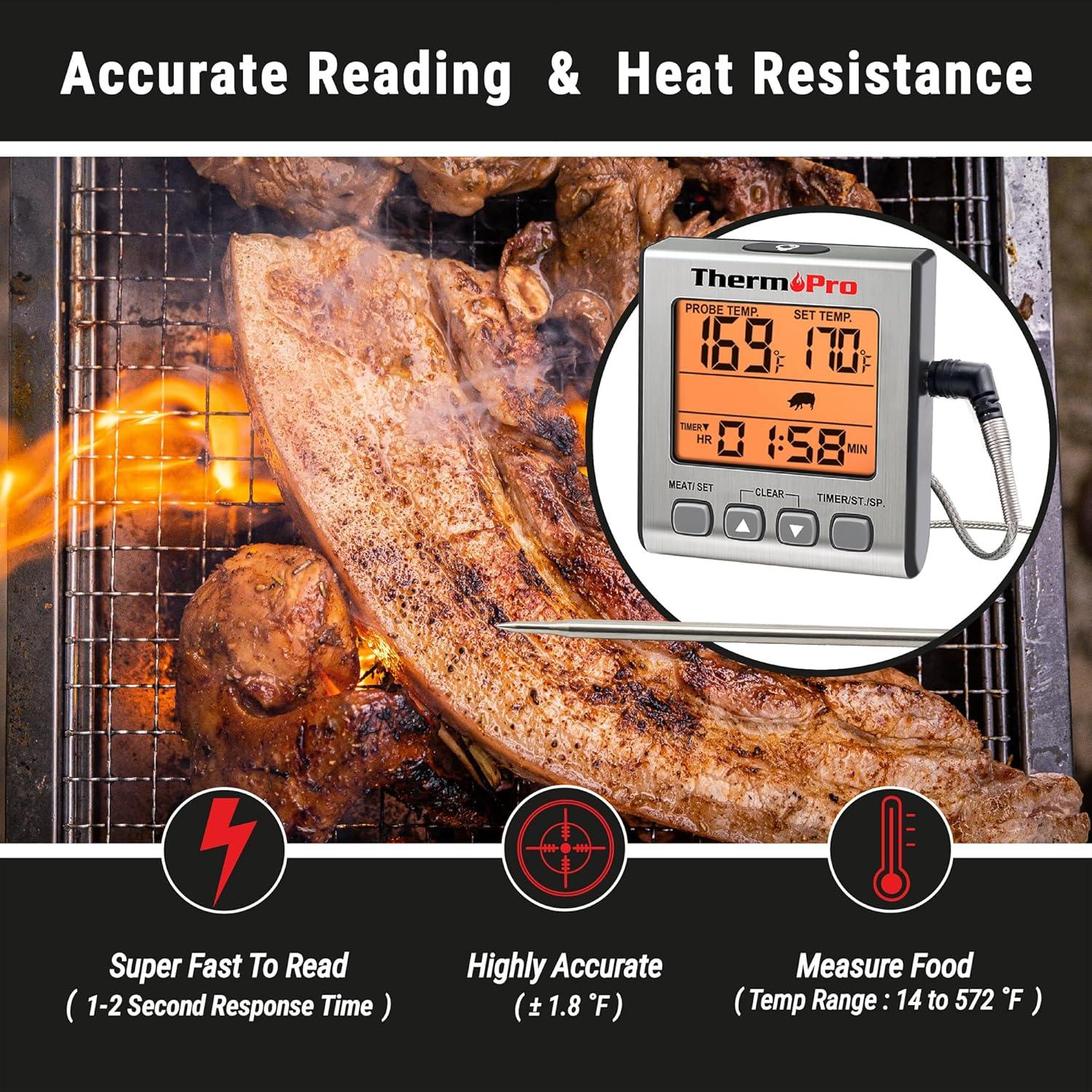 imageThermoPro TP16S Digital Meat Thermometer for Cooking and Grilling BBQ Food Thermometer with Backlight and Kitchen Timer Grill Temperature Probe Thermometer for Smoker Barbecue Oven BakingOilLight Silver
