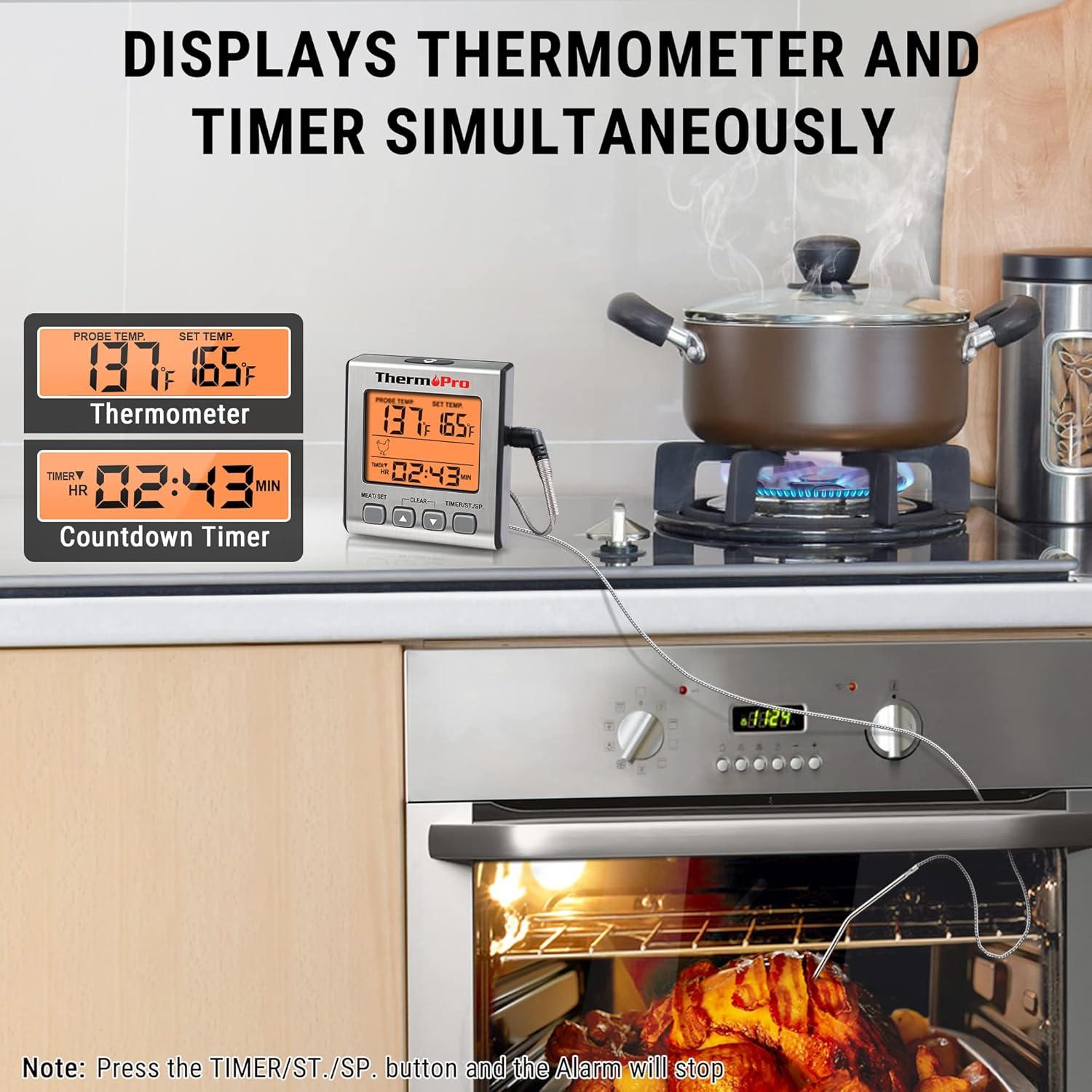 imageThermoPro TP16S Digital Meat Thermometer for Cooking and Grilling BBQ Food Thermometer with Backlight and Kitchen Timer Grill Temperature Probe Thermometer for Smoker Barbecue Oven BakingOilLight Silver
