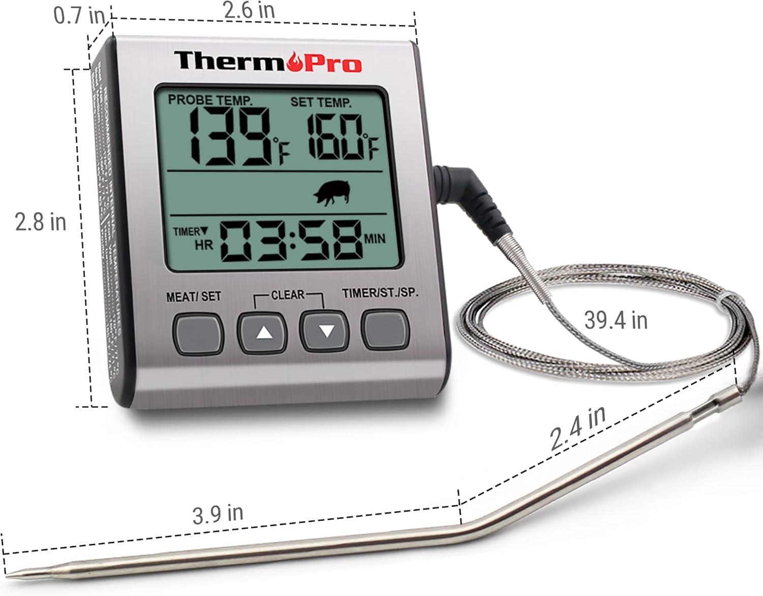 imageThermoPro TP16S Digital Meat Thermometer for Cooking and Grilling BBQ Food Thermometer with Backlight and Kitchen Timer Grill Temperature Probe Thermometer for Smoker Barbecue Oven BakingOilLight Silver