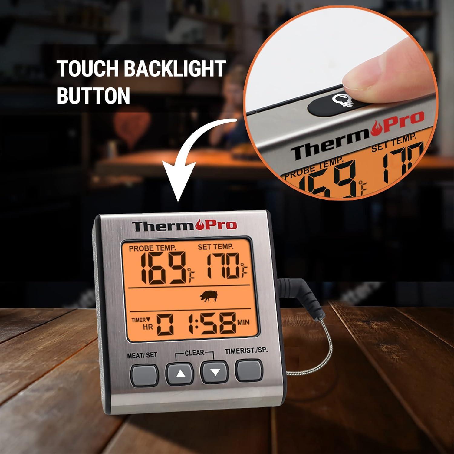 imageThermoPro TP16S Digital Meat Thermometer for Cooking and Grilling BBQ Food Thermometer with Backlight and Kitchen Timer Grill Temperature Probe Thermometer for Smoker Barbecue Oven BakingOilLight Silver
