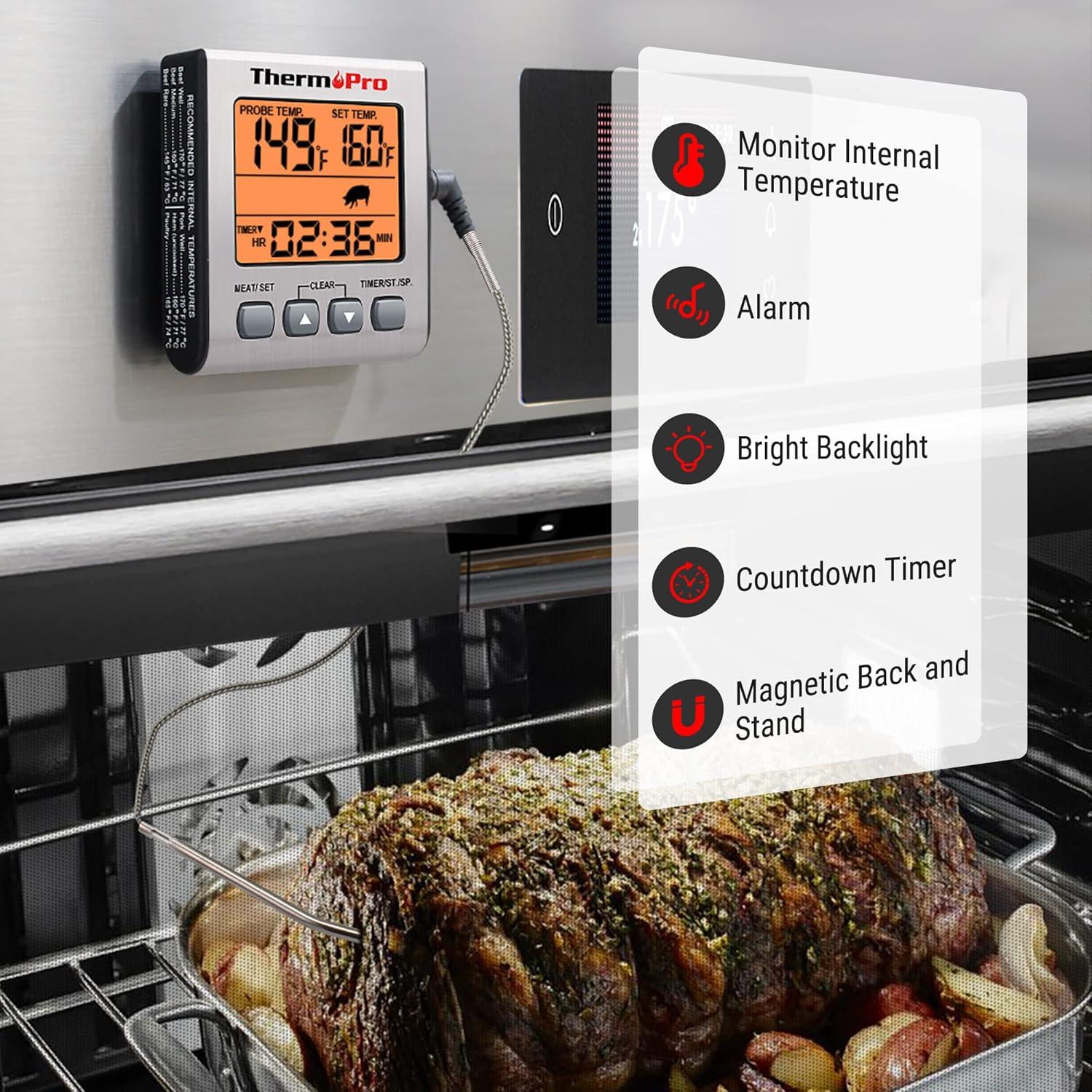 imageThermoPro TP16S Digital Meat Thermometer for Cooking and Grilling BBQ Food Thermometer with Backlight and Kitchen Timer Grill Temperature Probe Thermometer for Smoker Barbecue Oven BakingOilLight Silver