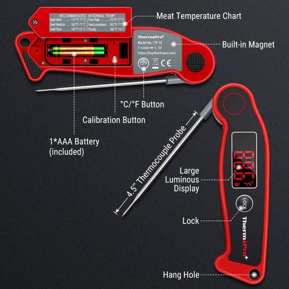imageThermoPro TP19 Waterproof Digital Meat Thermometer for Grilling with Ambidextrous Backlit ampamp Thermocouple Instant Read Kitchen Cooking Food Thermometer for Candy Water Oil BBQ Grill SmokerClassicred