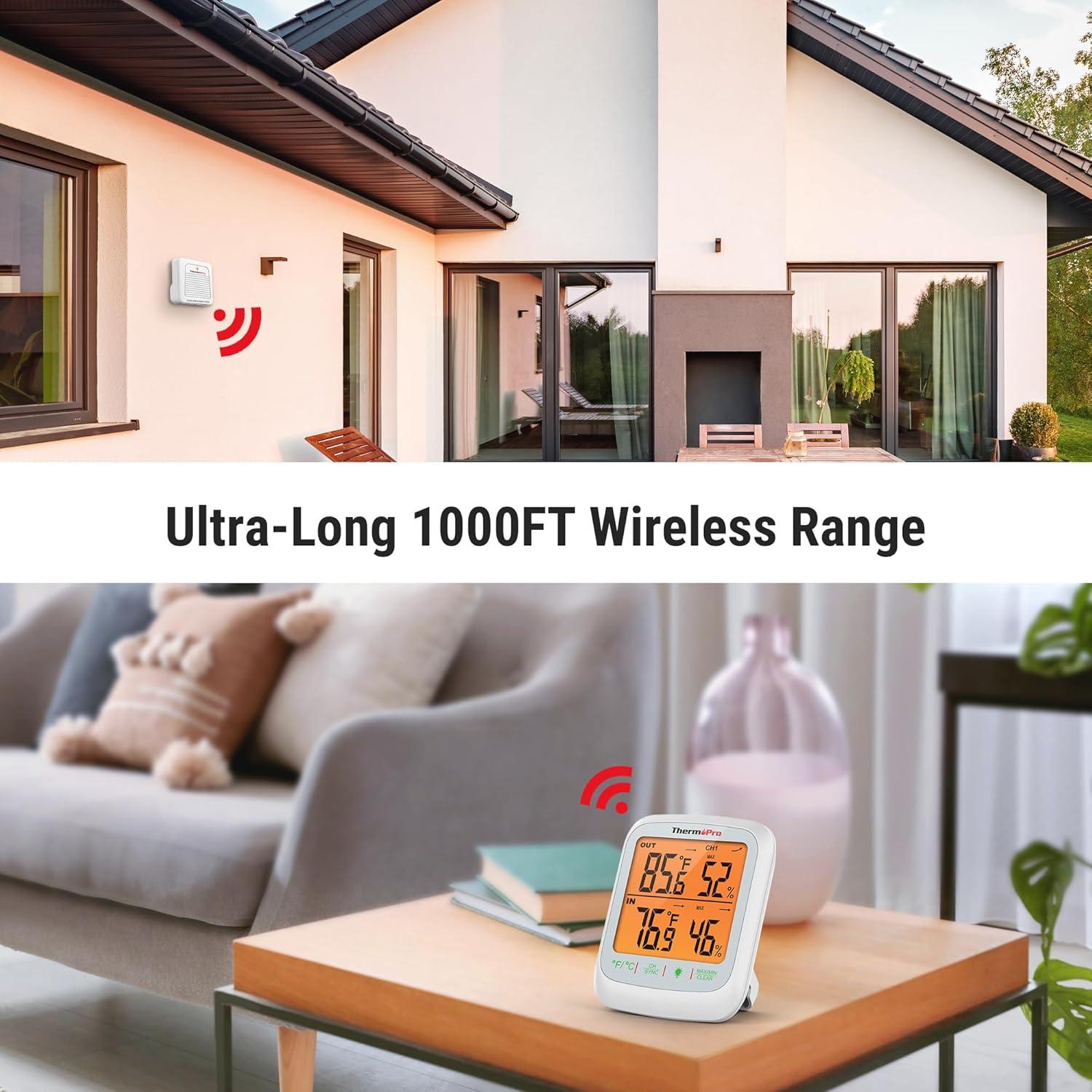 imageThermoPro TP260B Indoor Outdoor Thermometer Wireless 1000ft300m Range Pro Accuracy Digital Hygrometer Humidity Meter with Remote Temperature Sensor Inside Outside Thermometer for Home Patio Room