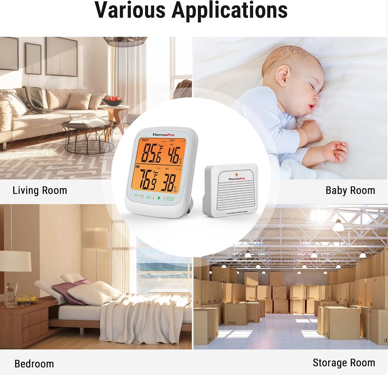 imageThermoPro TP260B Indoor Outdoor Thermometer Wireless 1000ft300m Range Pro Accuracy Digital Hygrometer Humidity Meter with Remote Temperature Sensor Inside Outside Thermometer for Home Patio Room