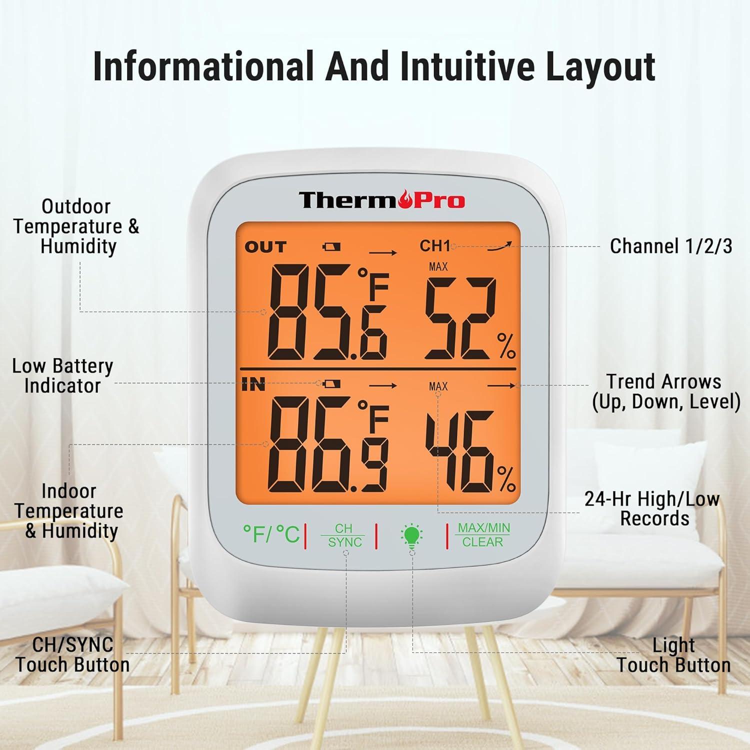 imageThermoPro TP260B Indoor Outdoor Thermometer Wireless 1000ft300m Range Pro Accuracy Digital Hygrometer Humidity Meter with Remote Temperature Sensor Inside Outside Thermometer for Home Patio Room