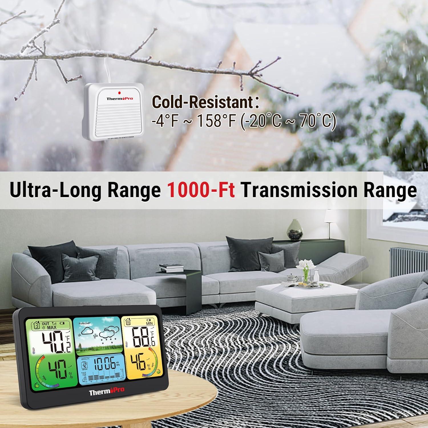 imageThermoPro TP280 1000FT Home Weather Stations Wireless Indoor Outdoor Thermometer Indoor Outdoor Weather Stations with Accurate Sensor Inside Outside Weather Thermometer Barometer with ForecastBlack