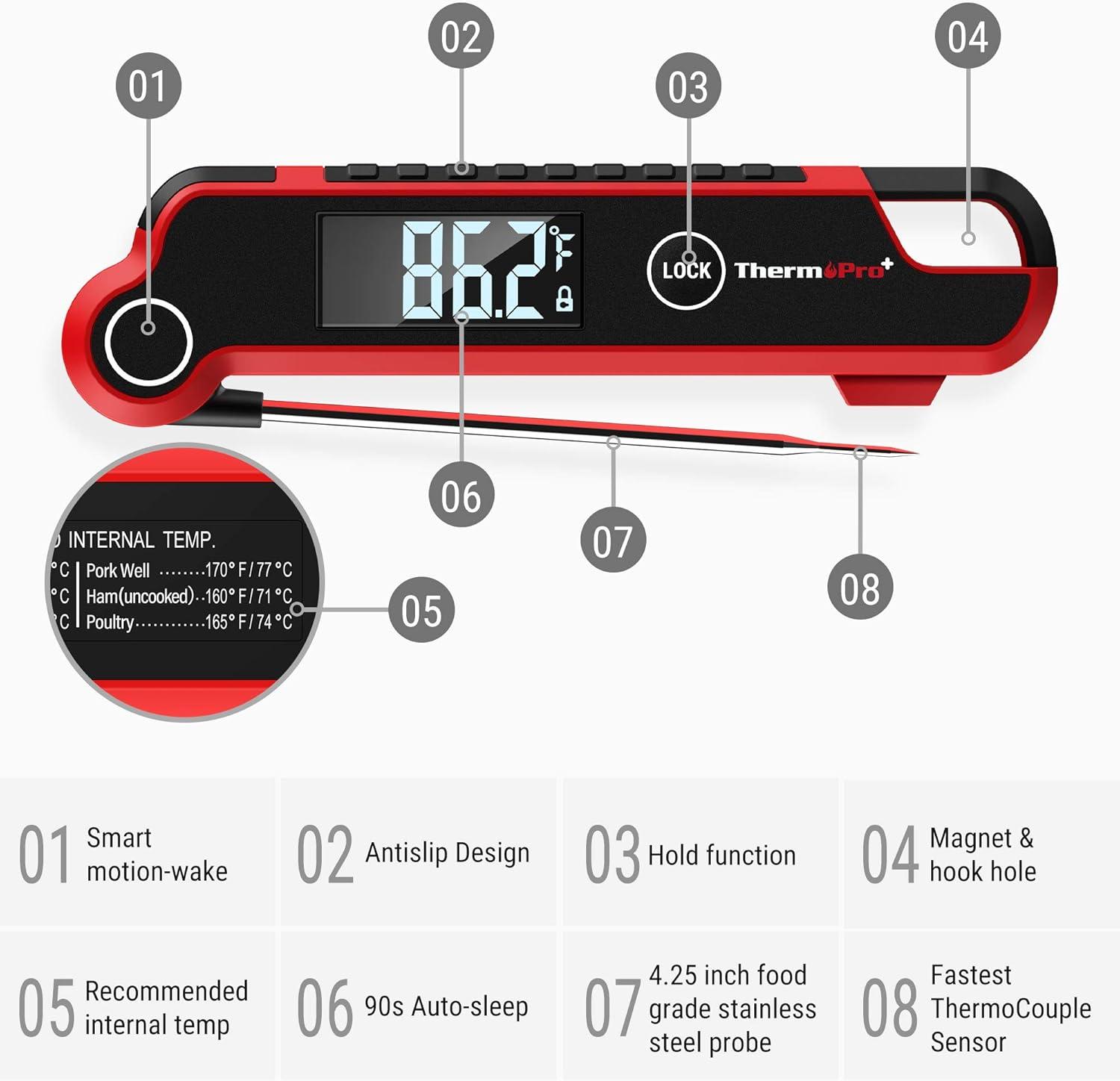 imageThermoPro TP620 Instant Read Meat Thermometer Digital Cooking Thermometer with Large AutoRotating LCD Display Waterproof Food Thermometer Digital for Kitchen BBQ or Grill
