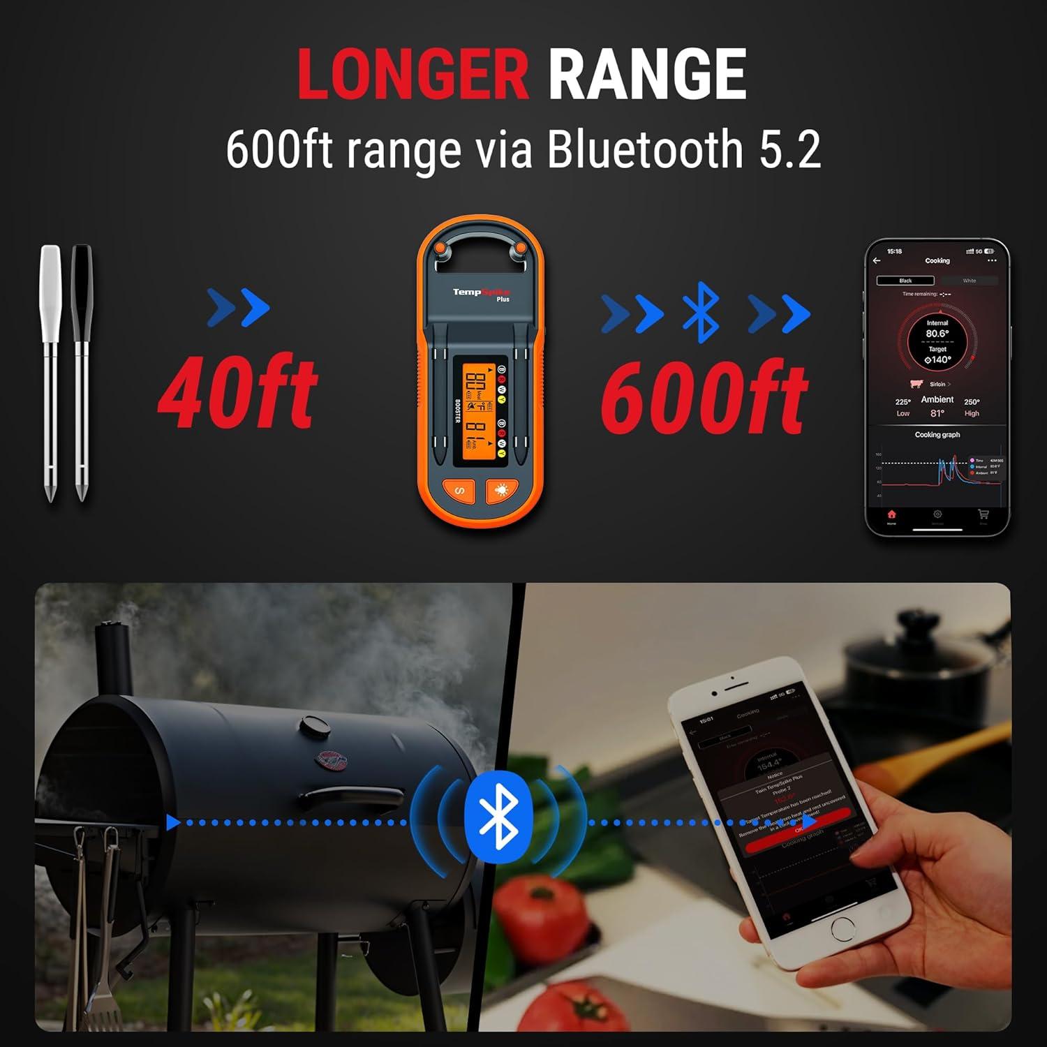 imageThermoPro TempSpike Plus 600ft Wireless Meat Thermometer with 2 ColorCoded Probes Bluetooth Meat Thermometer Wireless with LCDEnhanced Booster for Food Cooking Grill Smoker