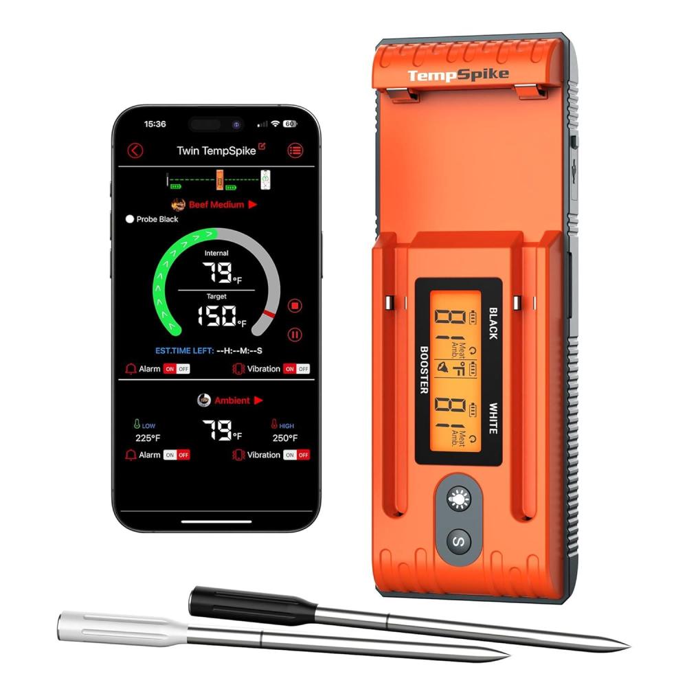 imageTempSpike 500FT Bluetooth Wireless Meat Thermometer for Grilling and Smoking Dual Meat Probes Grill Thermometer LCDEnhanced Booster Smoker BBQ Thermometer for Grill Rotisserie Turkey Beef2 probes