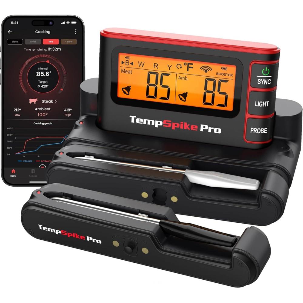 imageTempSpike Wireless Meat Thermometer Digital with App WiFi ampamp Bluetooth BBQ Grill Thermometer with High Precision Waterproof ampamp HeatResistant Probes Rechargeable Base with Display for BBQ Smoker Oven2 Probes