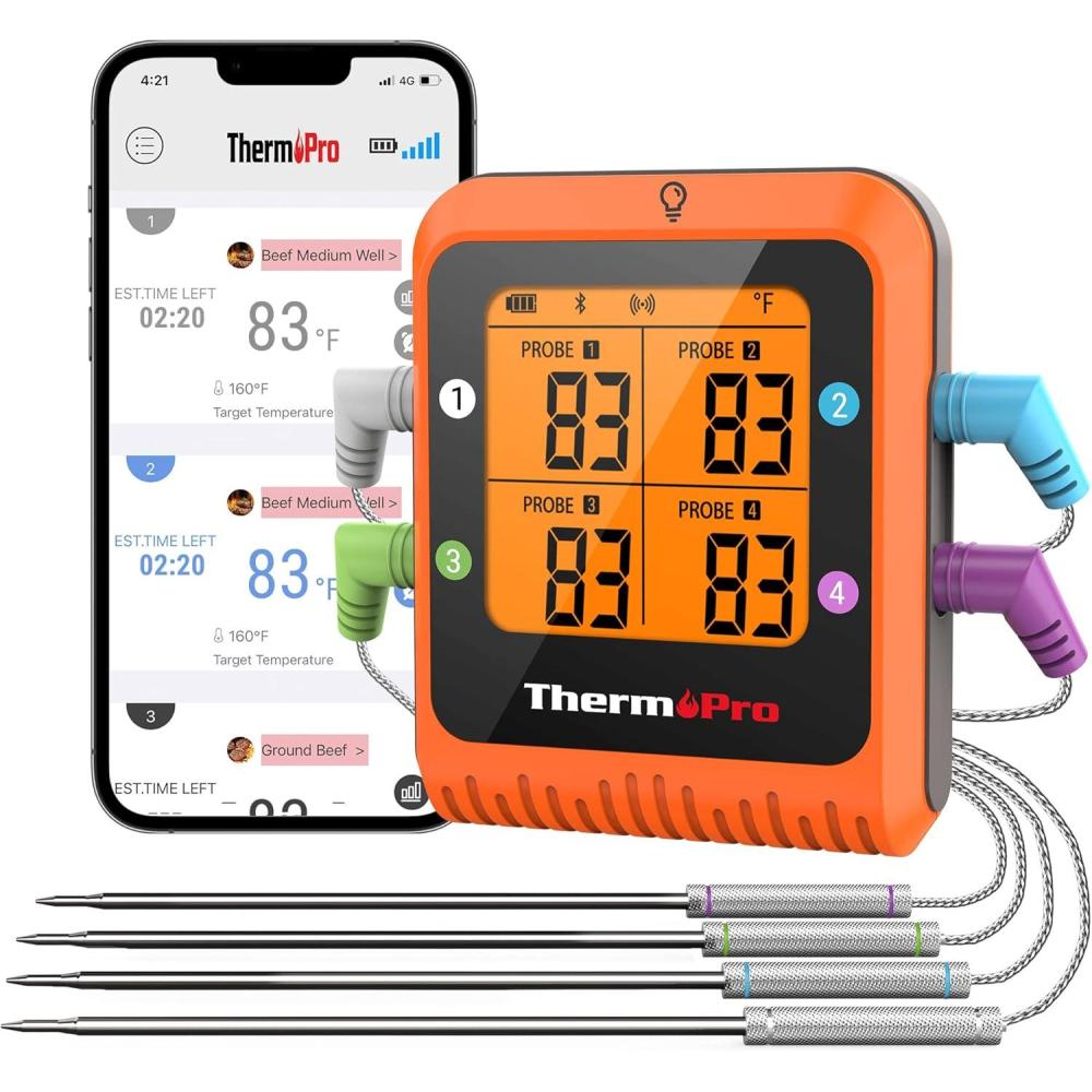imageThermoPro 650 ft Wireless Meat Thermometer Digital for Grilling and Smoking 2 Probes Bluetooth Meat Thermometer for Cooking Turkey Fish Beef Rechargeable Smoker Accessories for BBQ Oven4 Probes