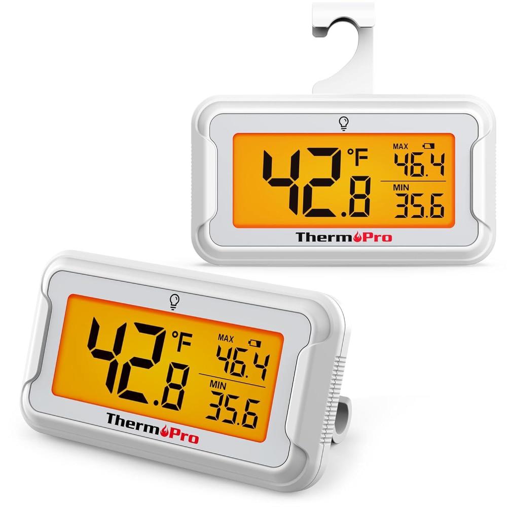 imageThermoPro Refrigerator Thermometer with Large Backlit LCD Display Waterproof Freezer Fridge Thermometer 2 Pack with MaxMin Record Easy Battery Replacement Magnetic ampamp Stand Options for Room Cooler2