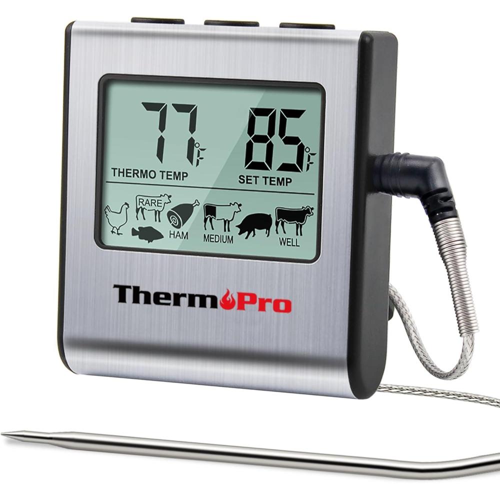 imageThermoPro TP16 Large LCD Digital Cooking Food Meat Thermometer for Smoker Oven Kitchen BBQ Grill Thermometer Clock Timer with Stainless Steel Temperature ProbeLight Silver