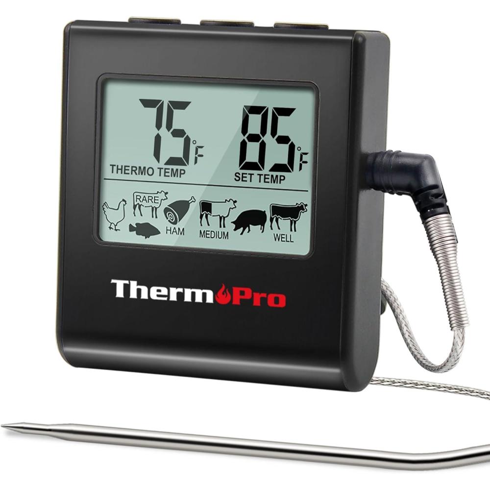 imageThermoPro TP16 Large LCD Digital Cooking Food Meat Thermometer for Smoker Oven Kitchen BBQ Grill Thermometer Clock Timer with Stainless Steel Temperature ProbePure Black