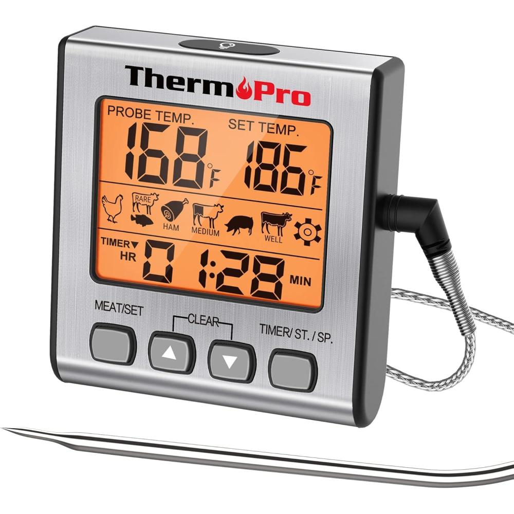 imageThermoPro TP16S Digital Meat Thermometer for Cooking and Grilling BBQ Food Thermometer with Backlight and Kitchen Timer Grill Temperature Probe Thermometer for Smoker Barbecue Oven BakingOilLight Silver