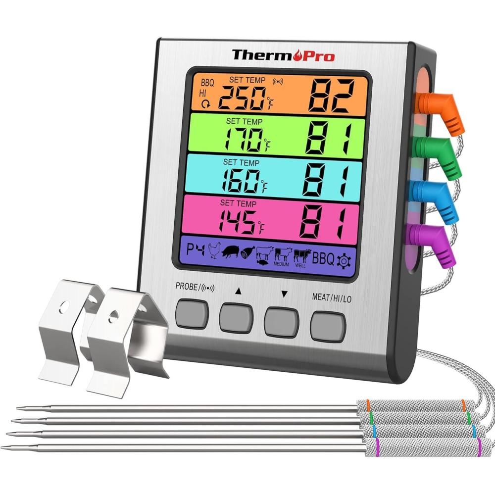 imageThermoPro TP17H Digital Meat Thermometer with 4 Temperature Probes HILOW Alarm Smoker Food Thermometer with Colored Backlit LCD BBQ Thermometer for Cooking Grilling Kitchen Oven Barbecue Turkey4probes