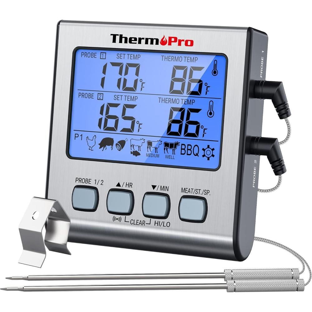 imageThermoPro TP17H Digital Meat Thermometer with 4 Temperature Probes HILOW Alarm Smoker Food Thermometer with Colored Backlit LCD BBQ Thermometer for Cooking Grilling Kitchen Oven Barbecue Turkey2probes