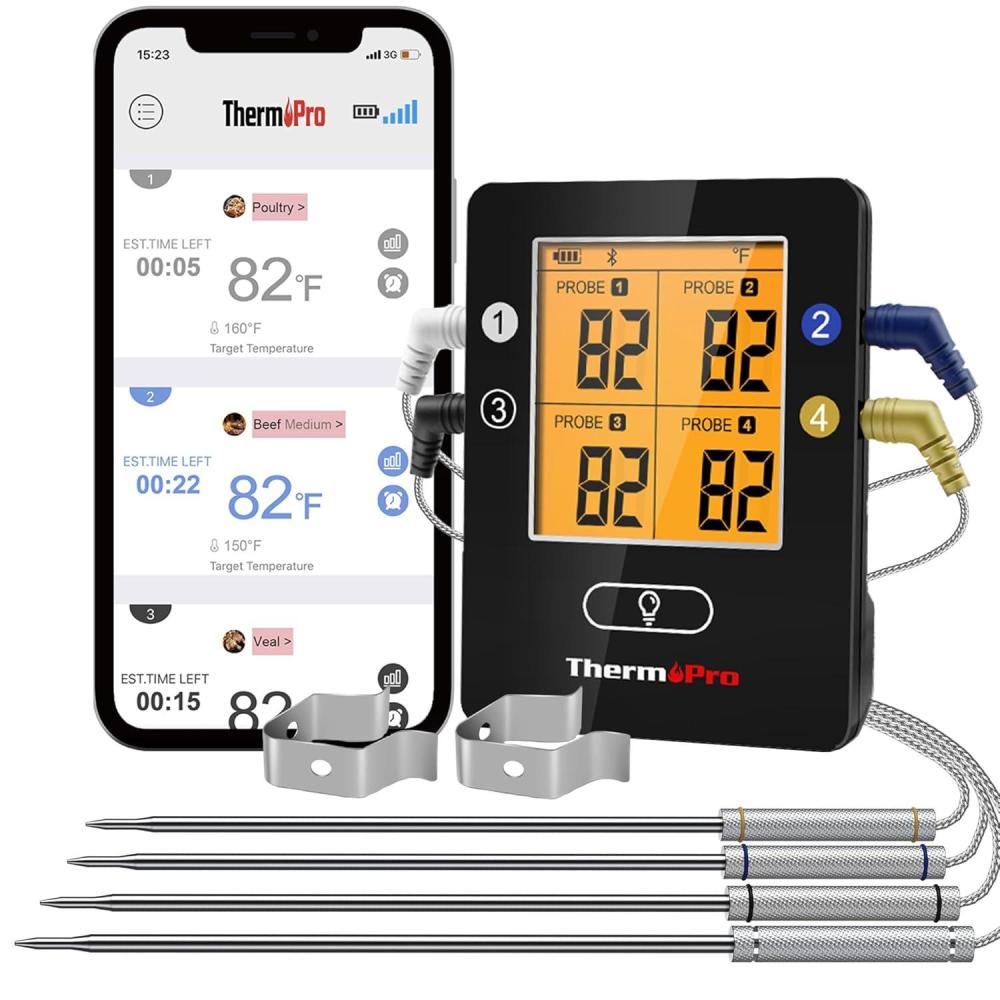 imageThermoPro TP25 650FT Wireless Meat Thermometer with 4 Probes Bluetooth Meat Thermometer for Cooking BBQ Oven Food Smoker Thermometer RechargeablePitch Black