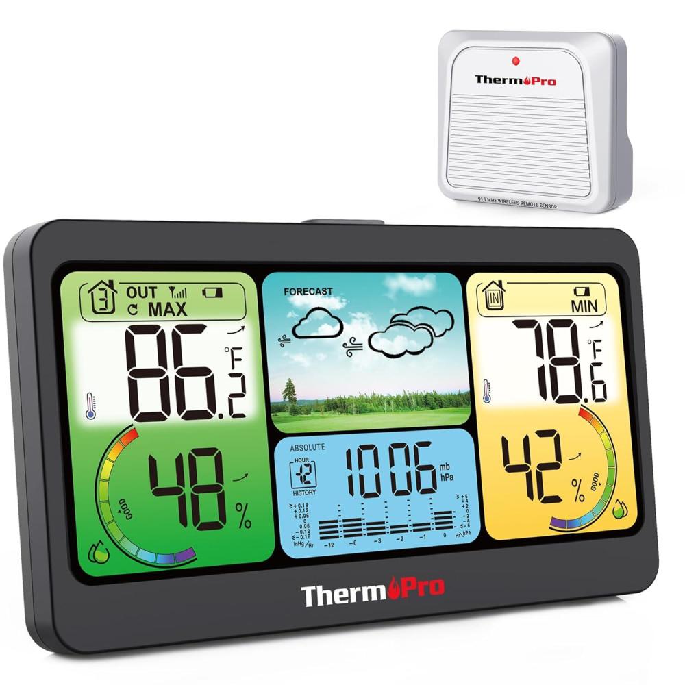 imageThermoPro TP280 1000FT Home Weather Stations Wireless Indoor Outdoor Thermometer Indoor Outdoor Weather Stations with Accurate Sensor Inside Outside Weather Thermometer Barometer with ForecastBlack