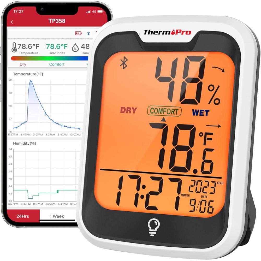 imageThermoPro TP358 Bluetooth Thermometer for Room Temperature with Builtin Clock Smart Temperature Sensor and Humidity Meter with Backlit 260Ft Hygrometer Indoor Thermometer with Data Storage Export