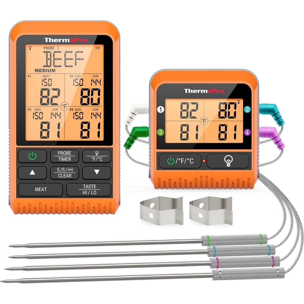 imageThermoPro TP829 1000ft Wireless Meat Thermometer Digital for Grilling and Smoking 4 Meat Probes Grill Thermometer for Outside Grill BBQ Thermometer for Cooking Turkey Temperature IndicatorFour Probes