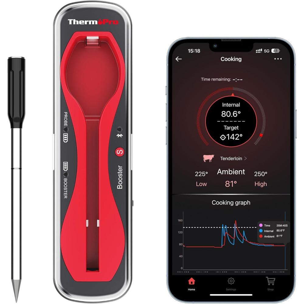 imageThermoPro TempSpike 500 ft Wireless Meat Thermometer Digital Bluetooth Meat Thermometer Wrieless for Beef Lamb Chicken Turkey Smoker Acccessories for Rotisserie Sous Vide BBQ Oven Air FryerRed