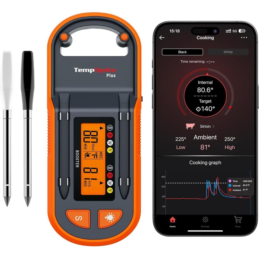 imageThermoPro TempSpike Plus 600ft Wireless Meat Thermometer with 2 ColorCoded Probes Bluetooth Meat Thermometer Wireless with LCDEnhanced Booster for Food Cooking Grill Smoker