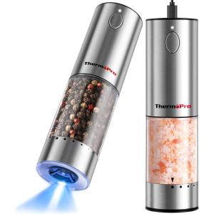 ThermoPro 100ml Electric Salt and Pepper Grinder Set Rechargeable, Automatic Pepper Grinder Shakers with External Adjustment, Refillable Pepper Mill Set with Dust Cover & LED, Stainless Steel 2-Pack(Silver)