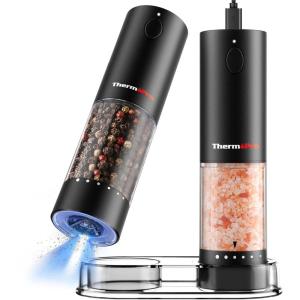 ThermoPro 100ml Electric Salt and Pepper Grinder Set Rechargeable, Automatic Pepper Grinder Shakers with External Adjustment, Refillable Pepper Mill Set with Dust Cover & LED, Stainless Steel 2-Pack(Black)