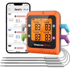 ThermoPro 650 ft Wireless Meat Thermometer Digital for Grilling and Smoking, 2 Probes Bluetooth Meat Thermometer for Cooking Turkey Fish Beef, Rechargeable Smoker Accessories for BBQ Oven(4 Probes)