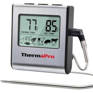 ThermoPro TP16 Large LCD Digital Cooking Food Meat Thermometer for Smoker Oven Kitchen BBQ Grill Thermometer Clock Timer with Stainless Steel Temperature Probe(Light Silver)