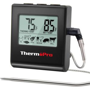 ThermoPro TP16 Large LCD Digital Cooking Food Meat Thermometer for Smoker Oven Kitchen BBQ Grill Thermometer Clock Timer with Stainless Steel Temperature Probe(Pure Black)