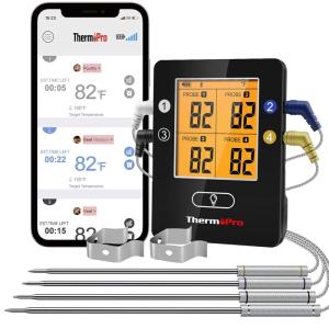 ThermoPro TP25 650FT Wireless Meat Thermometer with 4 Probes, Bluetooth Meat Thermometer for Cooking, BBQ Oven Food Smoker Thermometer Rechargeable(Pitch Black)