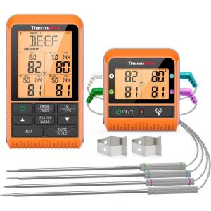 ThermoPro TP829 1000ft Wireless Meat Thermometer Digital for Grilling and Smoking, 4 Meat Probes Grill Thermometer for Outside Grill, BBQ Thermometer for Cooking Turkey Temperature Indicator(Four Probes)