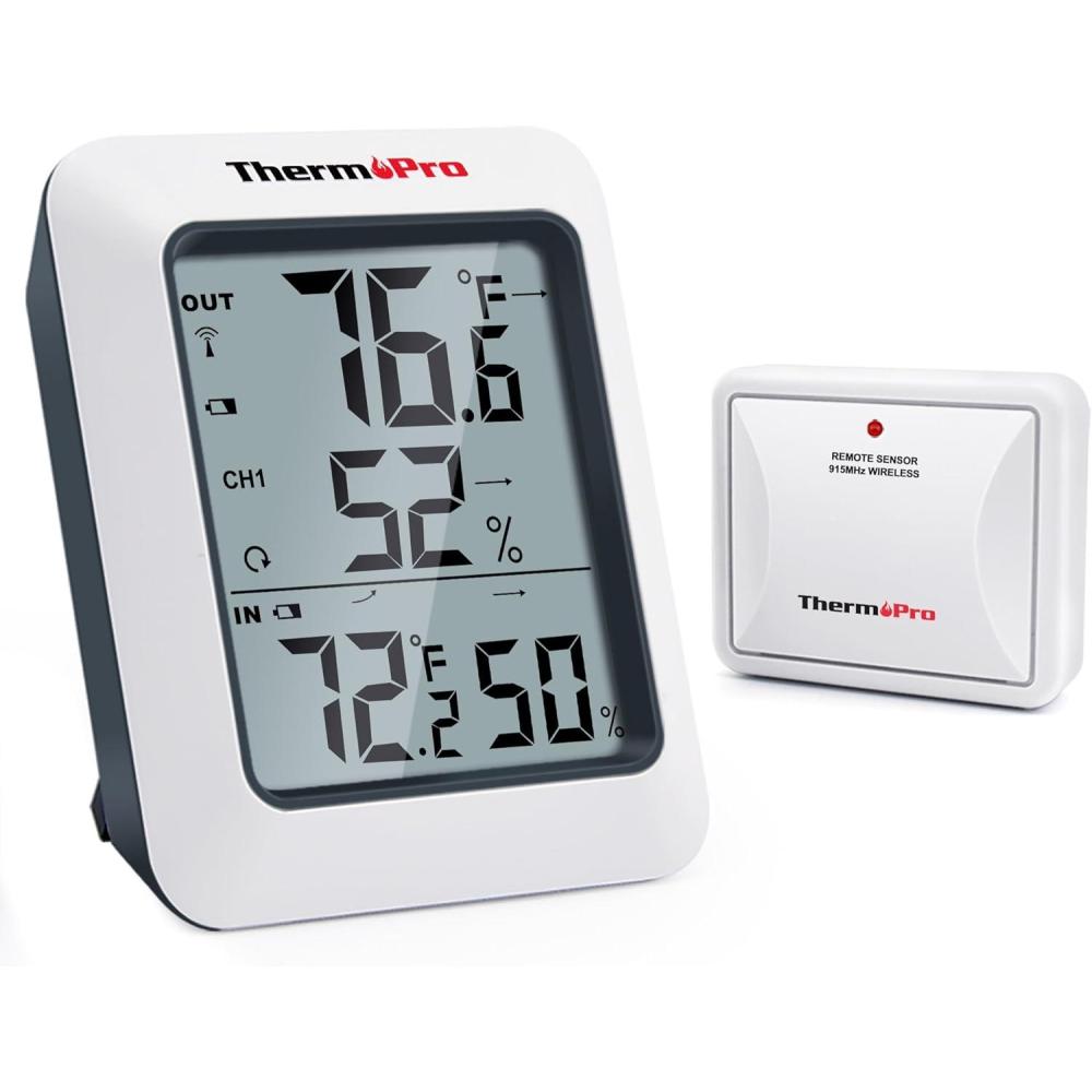 imageThermoPro TP60 Digital Hygrometer Outdoor Thermometer Wireless Temperature and Humidity Gauge Monitor Room Thermometer with 500ft150m Range Humidity Meter Temperature IndicatorsLight White1 Sensor