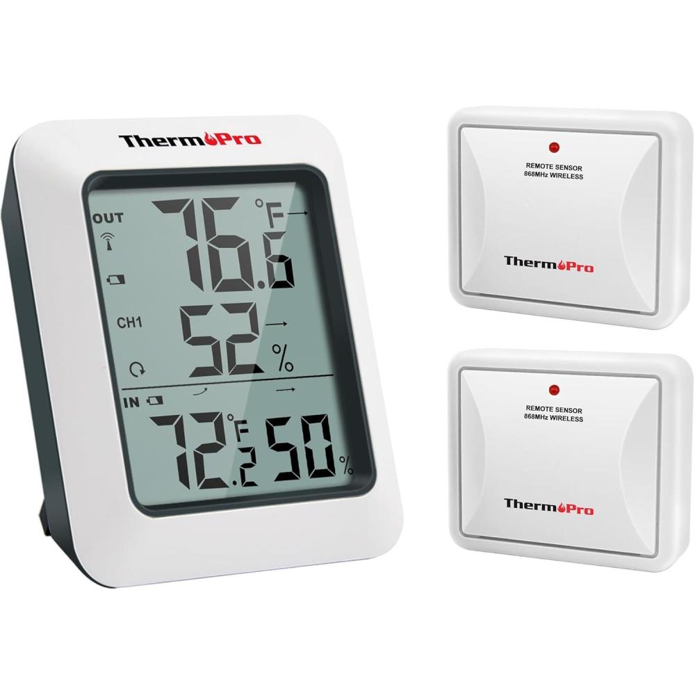 imageThermoPro TP60 Digital Hygrometer Outdoor Thermometer Wireless Temperature and Humidity Gauge Monitor Room Thermometer with 500ft150m Range Humidity Meter Temperature IndicatorsWhite2 Sensor