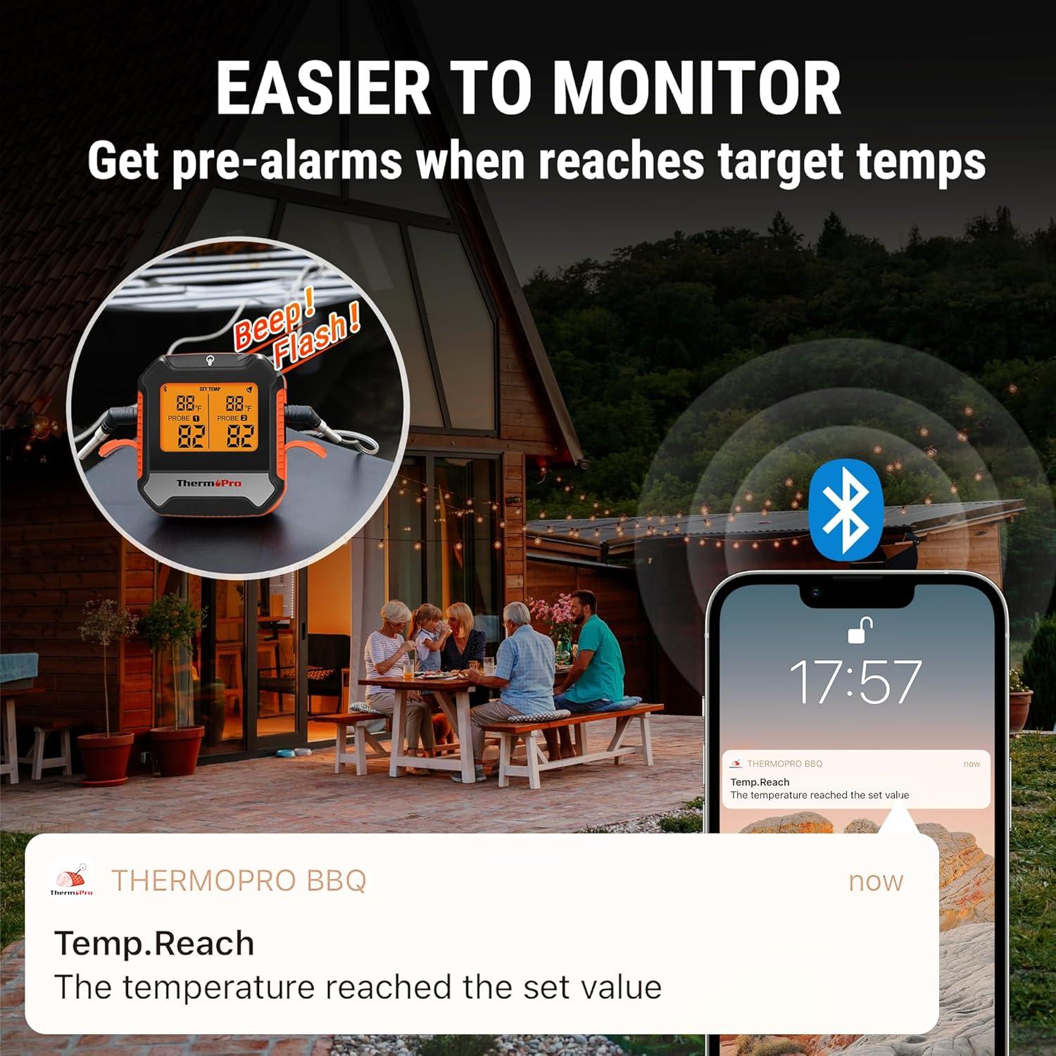 imageThermoPro 450 ft Bluetooth Meat Thermometer with 2 Probes Meat Thermometer Digital Wireless for BBQ Oven Smoker Thermometer for Cooking Chicken Steaks Poultry2 ProbesWaterproof