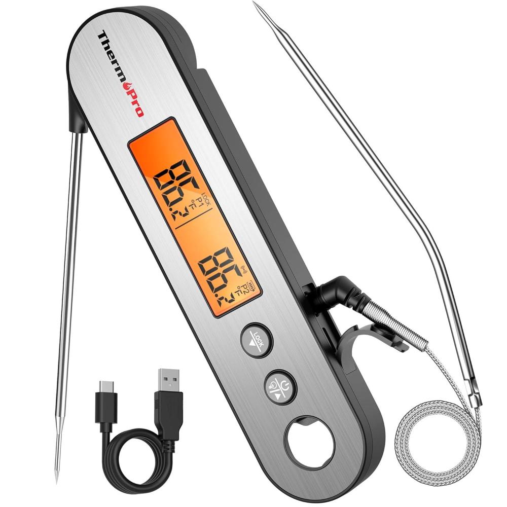 imageThermoPro TP610 Digital Meat Thermometer for Cooking Rechargeable Instant Read Food Thermometer with Rotating LCD Screen Waterproof Cooking Thermometer with Alarm for Grilling Smoker BBQ OvenSilver