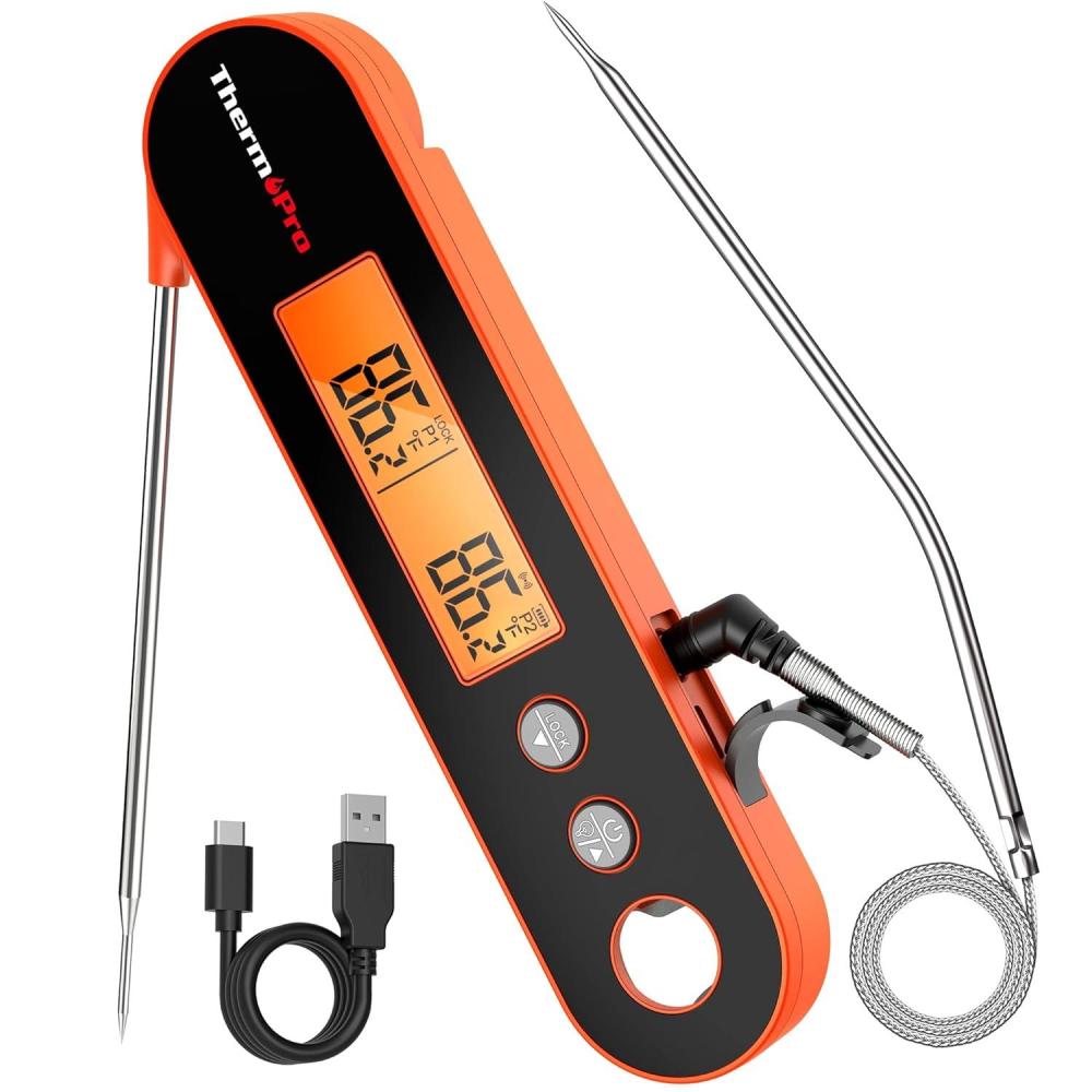 imageThermoPro TP610 Digital Meat Thermometer for Cooking Rechargeable Instant Read Food Thermometer with Rotating LCD Screen Waterproof Cooking Thermometer with Alarm for Grilling Smoker BBQ OvenOrange