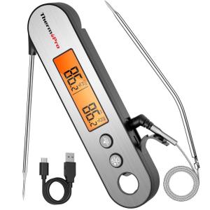 ThermoPro TP610 Digital Meat Thermometer for Cooking, Rechargeable Instant Read Food Thermometer with Rotating LCD Screen, Waterproof Cooking Thermometer with Alarm for Grilling, Smoker, BBQ, Oven(Silver)