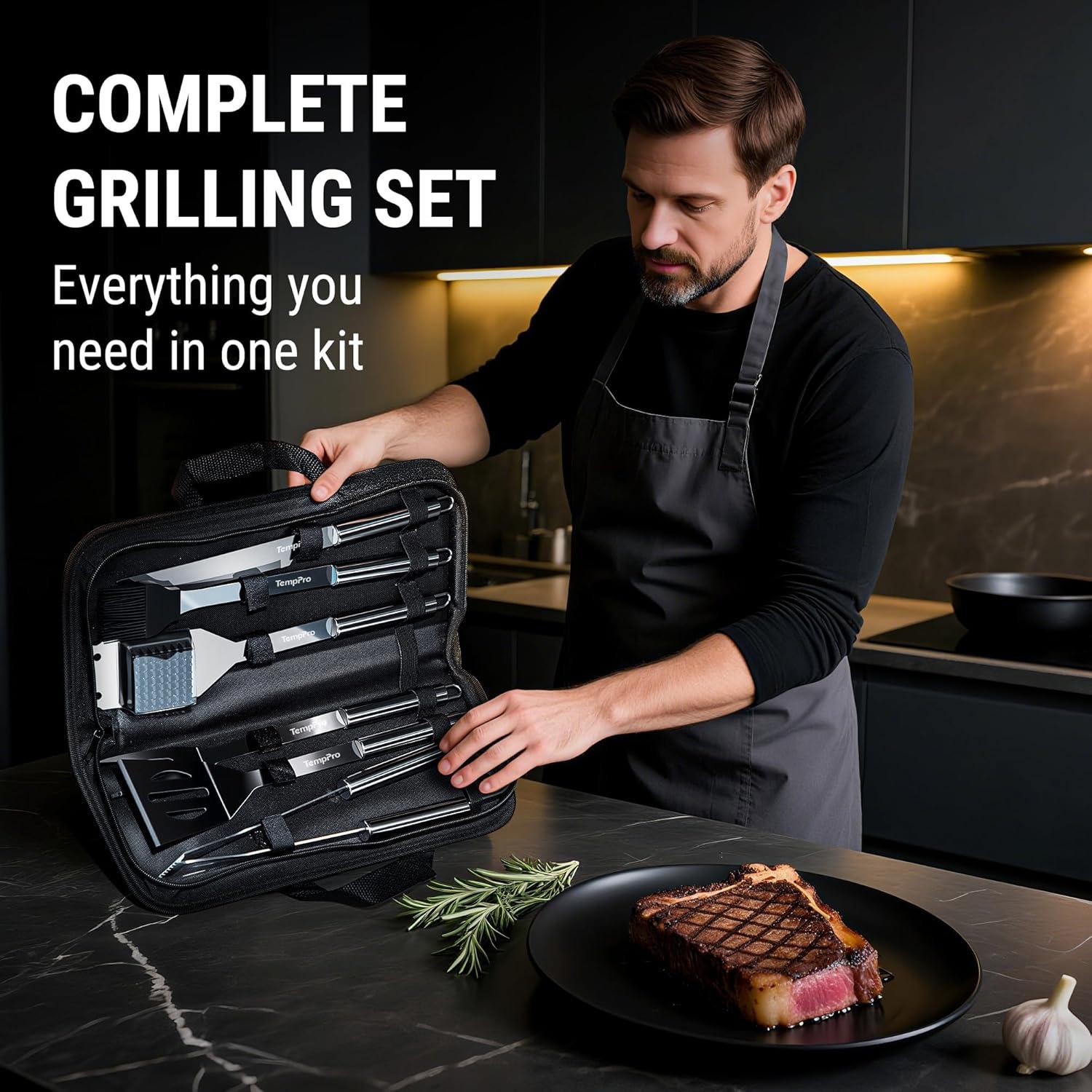 image:imageTempPro Grilling Accessories Grill Set with Spatula Fork Brush amp Tongs Heavy Duty Stainless Steel Grill Tools for Camping Burger BBQ Accessories for Men Dad Him Previously ThermoPro