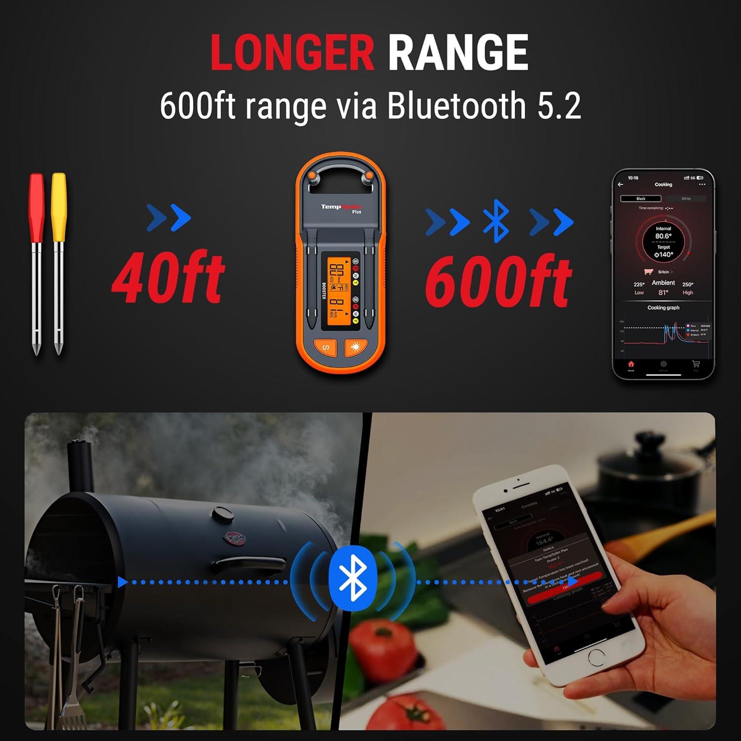 image:imageThermopro TempSpike 600 ft Wireless Meat Thermometer Digital with UltraThinner Probe Bluetooth Meat Thermometer Wireless with LCDEnhanced Booster for BBQ Grill Smoker Rotisserie Sous VideYellow Red 2 Probes