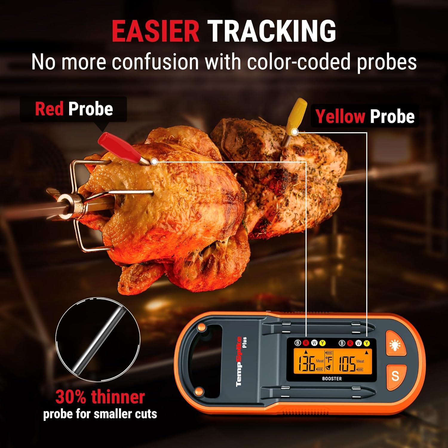 image:imageThermopro TempSpike 600 ft Wireless Meat Thermometer Digital with UltraThinner Probe Bluetooth Meat Thermometer Wireless with LCDEnhanced Booster for BBQ Grill Smoker Rotisserie Sous VideYellow Red 2 Probes