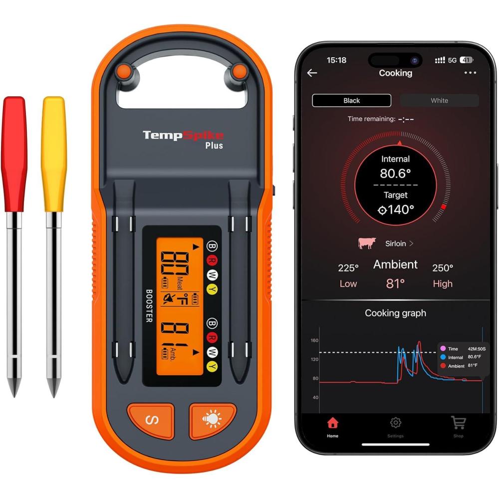 image:imageThermopro TempSpike 600 ft Wireless Meat Thermometer Digital with UltraThinner Probe Bluetooth Meat Thermometer Wireless with LCDEnhanced Booster for BBQ Grill Smoker Rotisserie Sous VideYellow Red 2 Probes